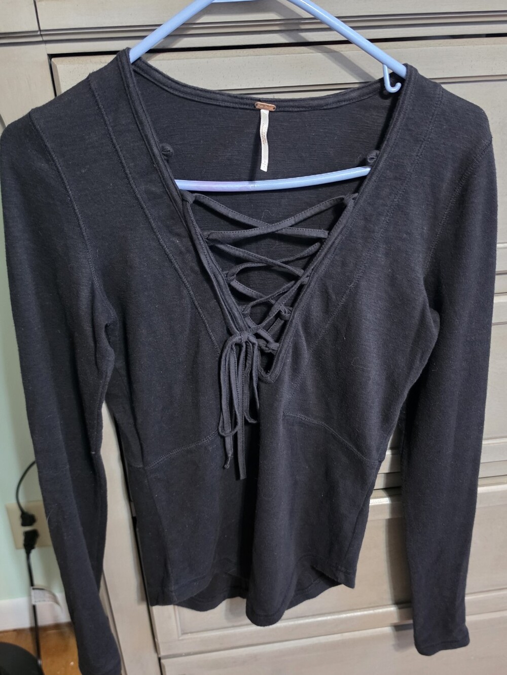 Free People Black Lace-Up V-Neck Long Sleeve Top